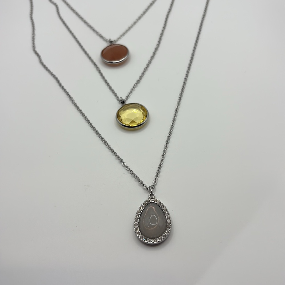 LOFT Silver Necklace Orange, Crème and Yellow 3 Pendant Boho Business Casual
